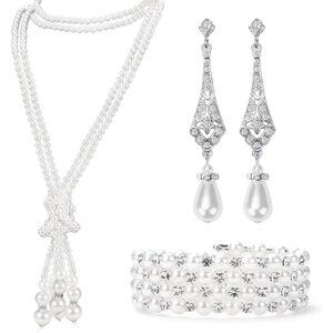 1920s Pearl Jewelry Set Faux Pearl Long Necklace Earrings Bracelet Women